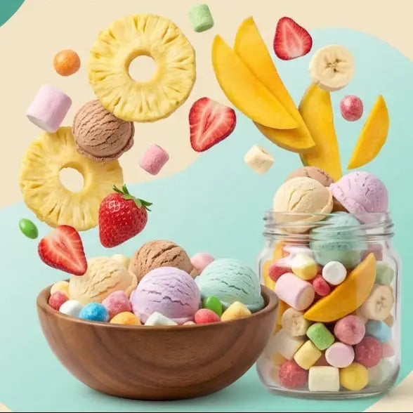 A vibrant assortment of fruits, candy, and ice cream for the ultimate crunchy, flavorful mix.